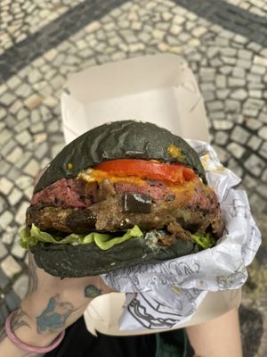 Black burger plus an extra been patty! at Las Vegans in Rio De Janeiro