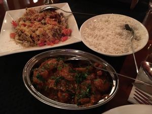 Samosa chaat (top left), aloo gobi (bottom), and rice at Steam in Rotorua
