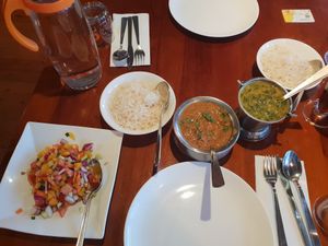 Salad, cashew curry, spinach dal. at Steam in Rotorua
