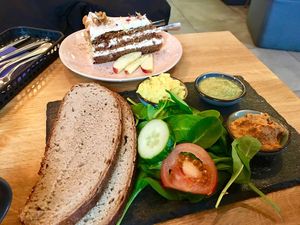 Carrot cake plus the 3 dips dish with 2 slices of bread at Rosenberg in Potsdam