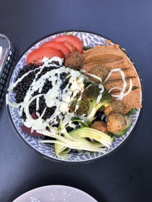 Oriental Bowl for 13€ was too expensive and not very special. Consisted mostly of raw veggies, plain lentils, some falafels and some hummus. But it was not very filling. at Rosenberg in Potsdam