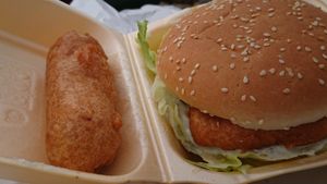 tofish burger and battered sausage  at Shakey Shakey in Ramsgate