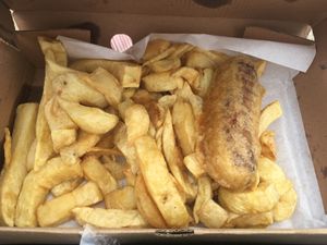 Battered sausage (Linda McCartney) and chips at Shakey Shakey in Ramsgate