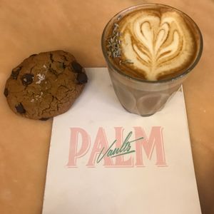 Lavender Soy Latte and Vegan Cookie! at Palm Vaults in East London