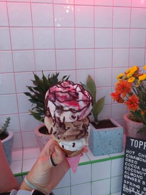 Black forest on top, peanut butter chocolate then salted caramel chocolate peanut chunks at Mad Pops in Seminyak