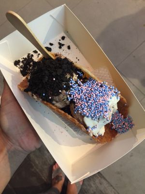 Taco cone, praline swirl and mint chocolate ice cream + toppings  at Mad Pops in Seminyak