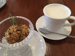 Vegan cookies and lavender tea latte with soy milk. at Taste and Scent in Kanazawa
