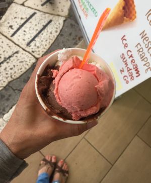 Vegan coconut, chocolate and strawberry icecream at Gelateria Marmont in Split