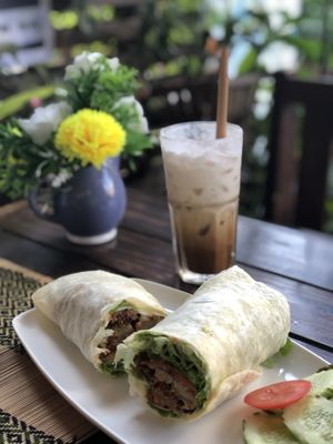 Icecoffee with coconut milk and vegan chicken wrap (burrito) - so delicious at Rad Rabbit in Chiang Mai
