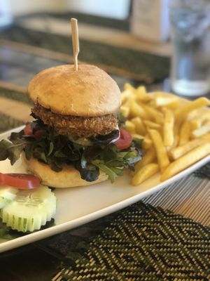 Vegan burger with fries at Rad Rabbit in Chiang Mai