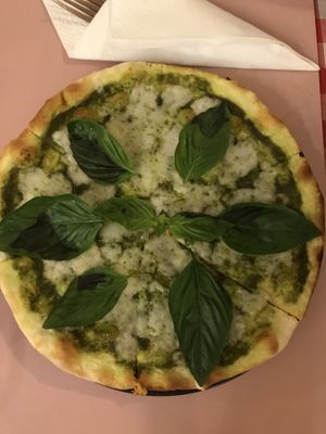 Pizza with pesto sauce and vegan mozarella ( thin crust)  at Rad Rabbit in Chiang Mai