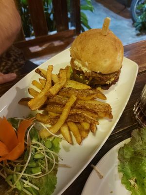 Jackfruit burger and fries at Rad Rabbit in Chiang Mai