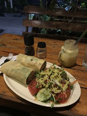 Vegan ”chicken” wrap and pineapple smoothie  at Rad Rabbit in Chiang Mai