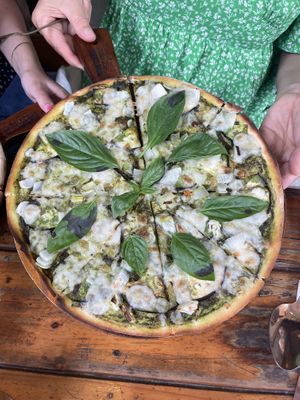 pesto pizza, with eggplant and onions   at Rad Rabbit in Chiang Mai