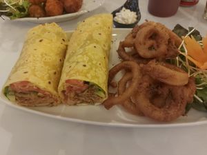 Jackfruit avocado wrap and onion rings at Rad Rabbit in Chiang Mai