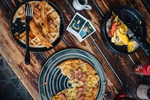 Vegan Eggs Benedict, Vegan Chicken & Waffles, and English Muffin Sandwiches. at Rad Rabbit in Chiang Mai