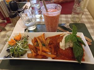 Top notch fried eggplant on foccacia with vegan mozzarella and the best tomato sauce ever! at Rad Rabbit in Chiang Mai