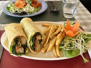 Crispy vegan chicken salad wrap w/ fries (139 THB)  at Rad Rabbit in Chiang Mai