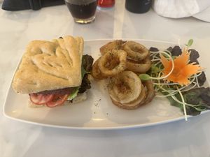 BLT Focaccia and onion rings   at Rad Rabbit in Chiang Mai