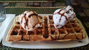 Waffles with vanilla and coconut ice cream at Rad Rabbit in Chiang Mai