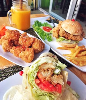chick’n wrap, burger, cauliflower wings  at Rad Rabbit in Chiang Mai
