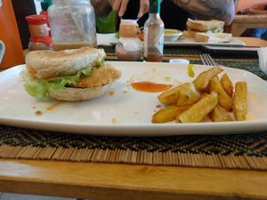 Fried chicken sandwich and sweet potato fries, excellent! at Rad Rabbit in Chiang Mai