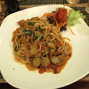 Spicy sausage and mushroom pasta at Rad Rabbit in Chiang Mai