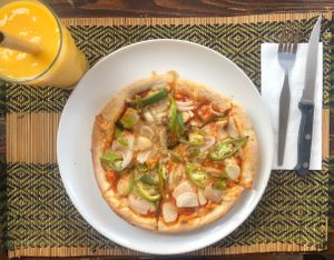 Garlic Bread Pizza. Extra toppings: Jalapeños, Onion, Sweet Pepper at Rad Rabbit in Chiang Mai