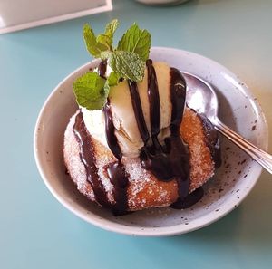 Vegan donut with vanilla ice cream at Falloumi in Stockholm