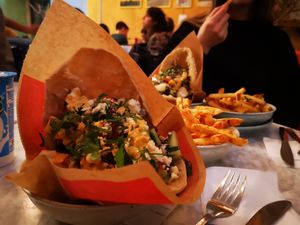 The Saga, Sweet potato fries and the Weekly Vegan dish at Falloumi in Stockholm