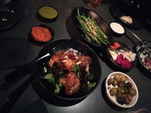 Cauliflower and green beans with green and red harissa and tahini at The Hummus Club in Northbridge