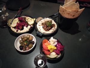 Hummus two ways - one with eggplant and the other with mushroom at The Hummus Club in Northbridge