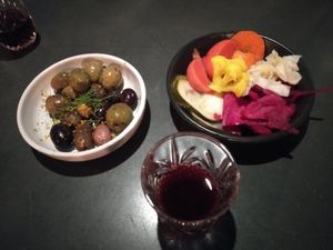 Olives and pickles as palate cleansers. Plus mulberry and plum gin (delicious!) at The Hummus Club in Northbridge
