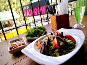 Vegan pesto pasta  at Rainbow Cafe in Ella