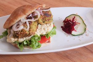 Falafel with humus and salad in pitta style bread
 at Alma Amor in Ollantaytambo