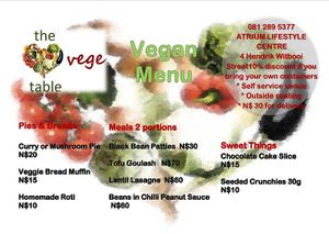 mini menu of foods available fresh and frozen at Nature's Path & The Vege Table in Swakopmund
