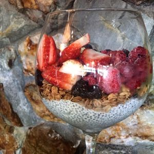 Homemade granola with coconut oil and himalayan pink salt. Fresh and frozen fruits and chia seed pudding on coconut cream!!! at Malamute Coffee in Pattaya