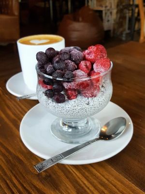Coconut chia seed pudding with fruits and berries at Malamute Coffee in Pattaya