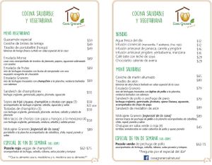Menu at Casa Granero al Natural in Mazatlan