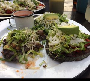 vegan sopes. bean, soy chorizo, and mushrooms  at Casa Granero al Natural in Mazatlan