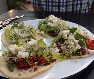 vegetarian tacos. soy chorizo and mushrooms with the optional cheese. at Casa Granero al Natural in Mazatlan