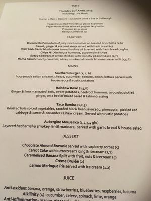 Menu at 143V in Cork