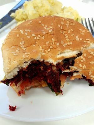 The Delicious Beetroot Burger with good ol' Irish Mashed spuds and Vegannaise!  at 143V in Cork