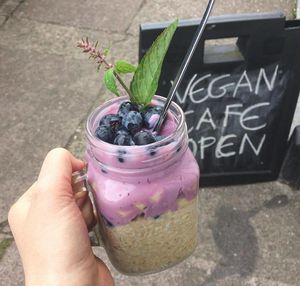 Overnight Oats loaded with fresh fruit, agave & blueberry soy yoghurt at 143V in Cork