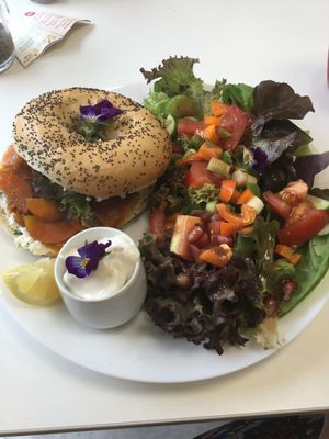 'Salmon' bagel with dill 'cream cheese' at 143V in Cork