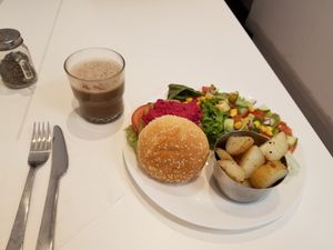 Beet burger and banana, milk, cinnamon, cacao smoothie at 143V in Cork