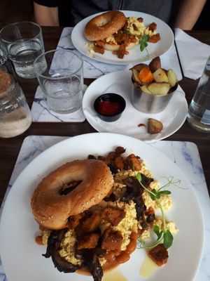 Amazing bagels and beans breakfast with seitan sausage at 143V in Cork
