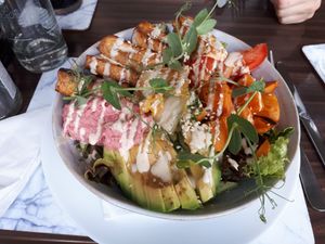Ginger lime tofu bowl with sweet potatoes, avocado, beet hummus at 143V in Cork