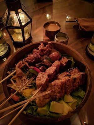 Salad bowl with mixed vegan skewers at Kismet Restaurant & Lounge in Ubud