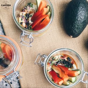 hummus jars with sprouted mung bean hummus, organic veggie stick & cold-pressed Avovado oil. at Canteen by Plants in Taipei